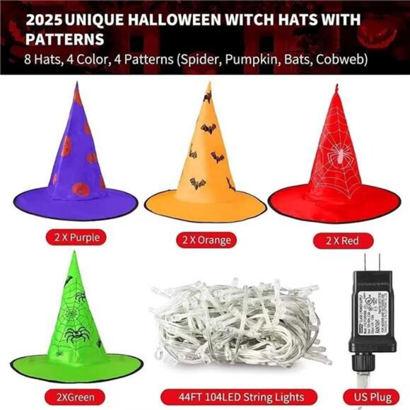 Halloween Decorations Lighted Witch Hats, 8Pcs Hanging Glowing Witch Hats 44ft - Picture 4 of 8